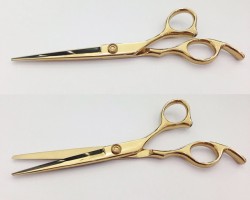 Hair scissors coated with PVD Titanium Gold. Hair scissors coated with PVD Titanium Gold.